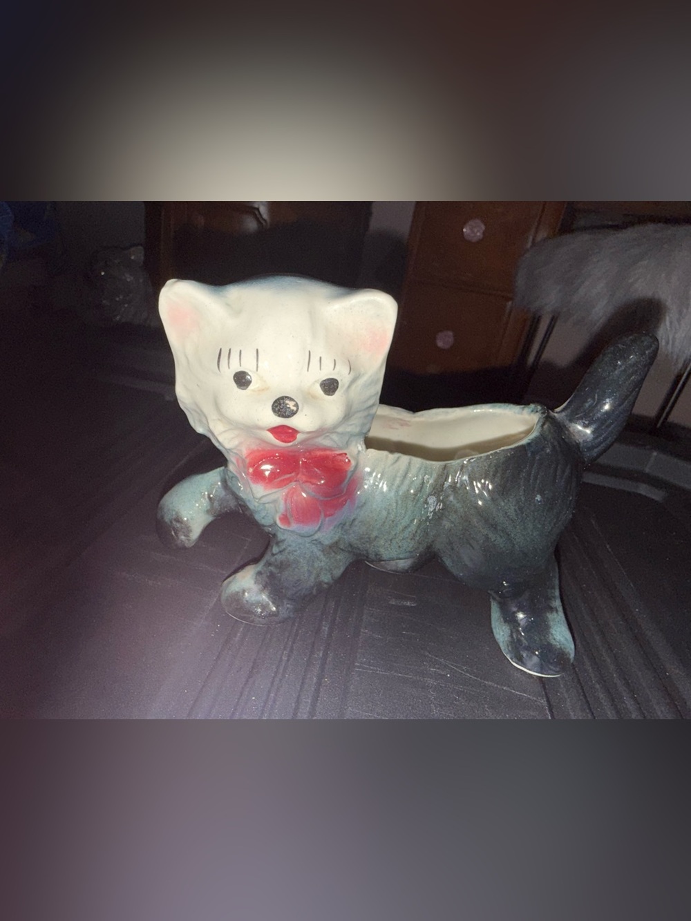Vintage Ceramic Cat Planter with Red Bow
